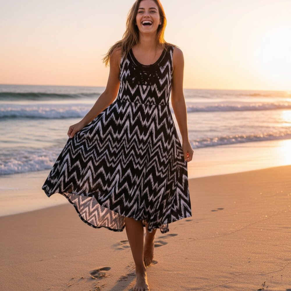 Soma S Knit Dress Black White Sleeveless Crochet Lace Boho Coastal Beach Resort